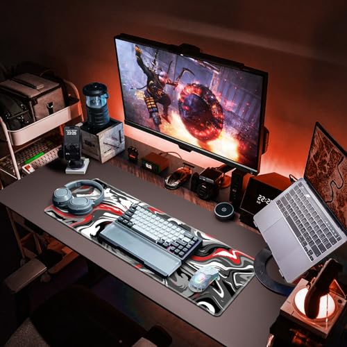 Canjoy Gaming Mouse Pad, Fluid Pattern Mouse Pad 31.5x11.8inch Large Extended Computer Mouse Mat Keyboard Full Desk Mousepad for Gaming, Office, Home - color: Red-Black Fluid, size: 800*300mm