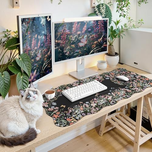 iCasso Desk Mat Set,Large Mouse Pad with Wrist Rest,Ergonomic Keyboard Wrist Support for Women,Girly Floral Computer Mat with Scalloped Edges,Non-Slip Desk Pad Home Office Gaming (Black) - color: Black