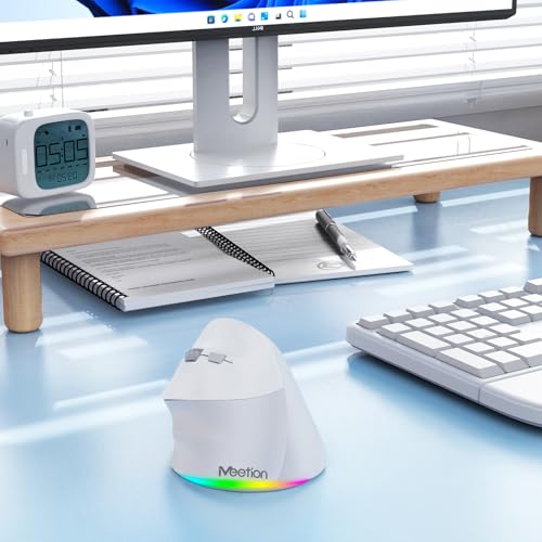 MEETION Left-Handed Wireless Ergonomic Vertical Mouse, Rechargeable - Gray | Dual Bluetooth 5.2/3.0 + USB, RGB lighting, 4 adjustable DPI, compatible with Windows, Mac, PC, iPad and tablets - color: Left Gray White