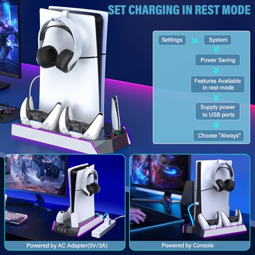 PS5 / PS5 Slim Cooling Station Stand LED with Dual Controller Charging Station for PlayStation 5 Console, PS 5 Accessories Incl. Controller Charger, Cooling Fan, Headset Holder, 3 USB Hub-White&Black - color: RGB WHITE & BLACK