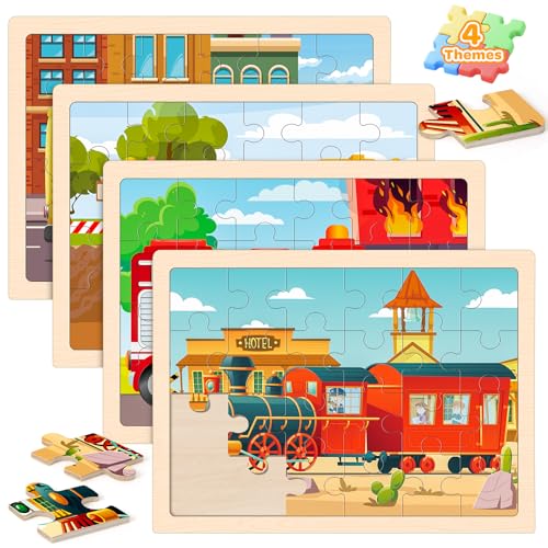 Puzzles for Kids Ages 4-6, 4 Packs 24 Pcs Wooden Jigsaw Puzzles for Toddlers Ages 2-4, Preschool Educational Vehicle Puzzle Toys Gifts for 3 4 5 6 Boys Girls - style: Vehicle