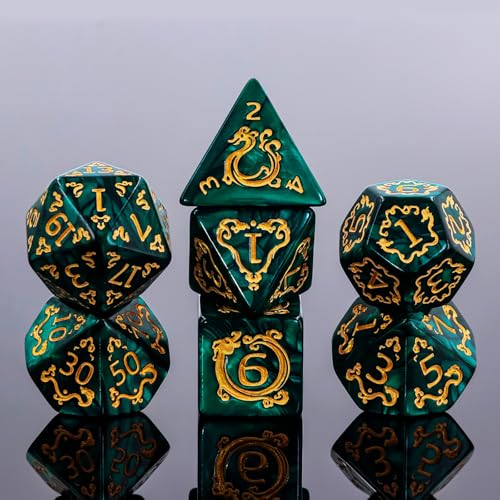 DND Dice Set - 7 Polyhedral Role Playing Dice with Gold Dragon Design, Acrylic D&D Dice Perfect for Dungeons and Dragons, Pathfinder, Warhammer, RPG Games (Green) - color: Gold Dragon-green