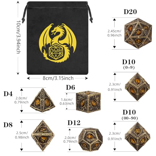 Retro Bronze Dragon Eyes Metal Dice Set, 7 Pcs Polyhedral Dice with Bag, TRPG Accessory, for DND Fans, Birthday Gifts for Him Men Gamer - color: Black Metal
