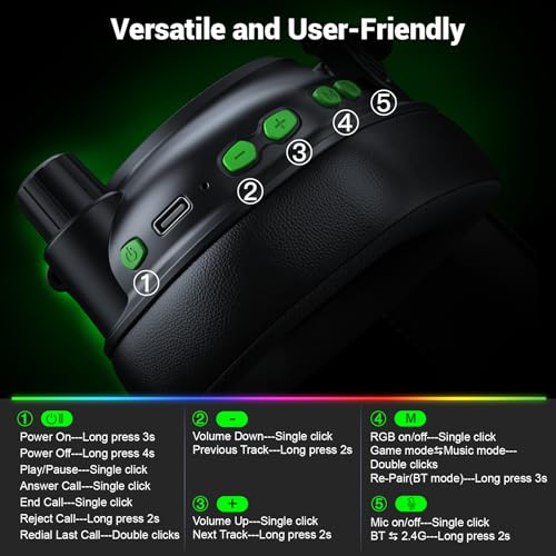 Wireless Gaming Headset with Noise Canceling Microphone for PC, PS5, PS4, Switch, Mac, 2.4 GHz Wireless & Bluetooth 5.4 Gaming Headphones, Cool RGB Lighting, 40Hr Battery, 50mm Drivers(Black Green) - color: Black Green