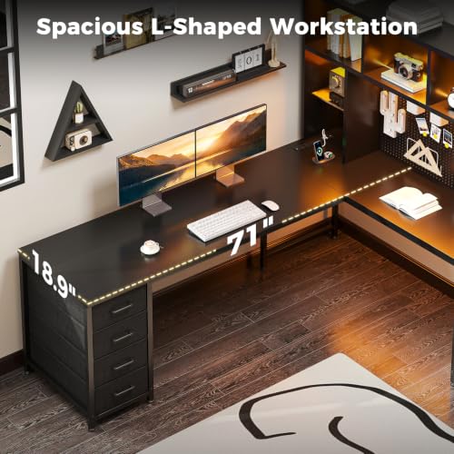 AODK 71" L Shaped Desk for Gaming and Working,Black | PC Desk with Hutch, Pegboard & Shelves, 4 Drawers, Integrated LED Light Strip & Power Outlets, Reversible - size: 71 Inch