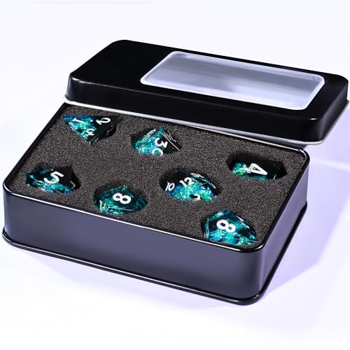 AUSTOR 7-Die DND Dice Set Handmade Sharp Edge Polyhedral Dice for Dungeons and Dragons D&D RPG MTG Table Games(Black&Blue,Silver) - color: Black&blue,silver