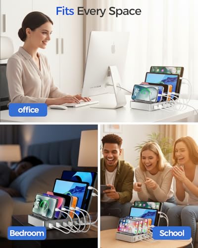 300W Charging Station for Multiple Devices, Fast Charging 6 Port Charging Station - Compatible with iPhone iPad Android Tablets, Home Office Travel Organizer