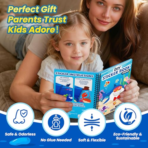 Ocean Reusable Sticker Book for Toddlers, DIY Make-a-face Jelly Stickers | Make A Face & Scene Decoration Play, 57 Washable&Reusable Jelly Stickers, Portable Travel Friendly, Airplane Trip Essentials - style: Ocean