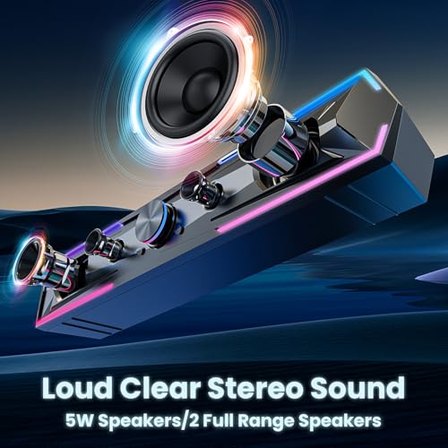 Tylubio Computer Speakers for PC Desktop, Flowing LED Under-Monitor Soundbar with Clear Stereo Sound, Bluetooth & USB 2-in-1 Audio Input, PC Speaker for Monitor Laptop, Black