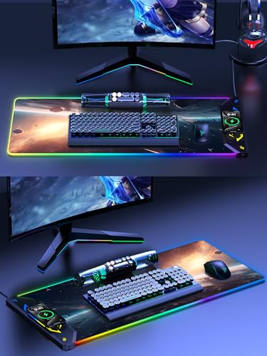 TopMade Wireless Charging Mouse Pad, RGB Gaming Mousepad, 35.4" x 15.8" Extra Large Waterproof Keyboard Desk Pad, Computer Desk Mat, Cosmic Planet (Includes 20W PD Power Adapter & 6.56ft Woven Cable) - color: RGB Cosmic Planet-35.4"x15.8"-with Adapter