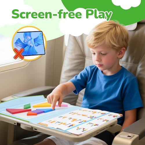 BenBen Travel Tangram Puzzle with Magnetic Wooden Shapes for Kids 4-8 8-12 | Extra Large Dual-Sided Magnet Surface, Color Pattern IQ Book, Road Trip Car Plane Game, Educational STEM Toys for Kids Adults - style: 7 Pieces Blocks