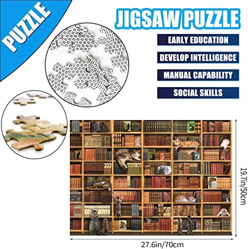 Cats Library Jigsaw Puzzle, 1000+ Piece Funny Kitten Bookshelf Puzzles, Challenging Animal Pet Lover Gifts for Friends & Family Activity Game Nights - color: Kitten Library