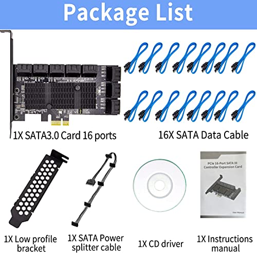 PCIe SATA 16 Port Expansion Card - 6 Gbps SATA 3.0 Controller, Low Profile Bracket, Supports 16 SATA3 Devices, Compatible with Windows, MAC, Linux - color: PCIE SATA 16 port