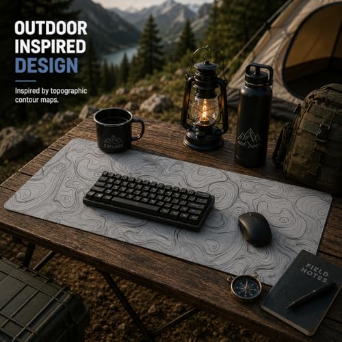 Topographic Gaming Mouse Pad 35.4x15.7 Inch, 0.12 Thickness, Extended Full Desk Mat, Non-Slip Rubber Base, Water Resistant Surface, Black Mousepad for PC Gaming, Office, E-Sports - color: Grey Topographic Map