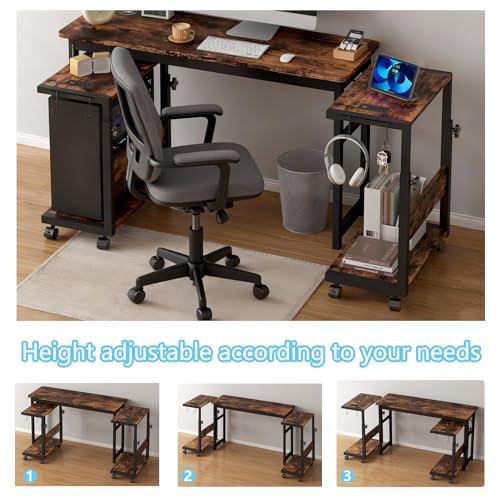Computer Tower Stand with LED Light Strip,Mobile Rolling | CPU Holder,Height Adjustable PC Tower Stand with Charging Station for Office Home (Rustic Brown) - color: Rustic Brown, size: 19.29'' × 11.42'