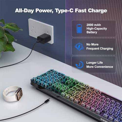 GEEZER Computer Backlit Keyboard Black Crystal - Full-Size Bluetooth Wireless Rechargeable Transparent Keycap Portable Keyboards Compatible with Windows, Laptop, PC, Desktop - color: Black Crystal