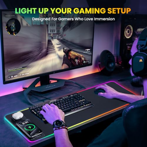Gimars Upgrade 3 in 1 RGB Mouse Pad with 15W Magnetic Fast Wireless Charging, 31.5x11.8x0.16in Gaming Mousepad, 15 Color Modes, Waterproof Non-Slip XXL Desk Mat with Smooth Surface for Home Office PC - color: Black(3 in 1 RGB Wireles Charging)