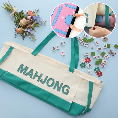 Abbylike 28x9 Inches Mahjong Bag for Rolled Mat Tiles Racks Pushers Accessories Empty Mahjong Tote Bag with Zipper Closure Outer Pockets Lining Large Capacity (Beige&Teal,Canvas) - color: Beige&teal