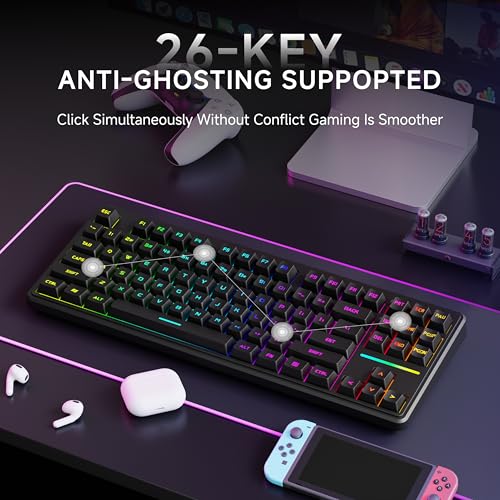 EWEADN V80 Wired TKL RGB Gaming Keyboard, 80% Compact Layout with PBT Keycaps, Whisper Quiet Membrane Switch, 26-Key Anti-Ghosting, Ergonomic Computer Keyboard for Laptop PC Gamer - Black - color: Black