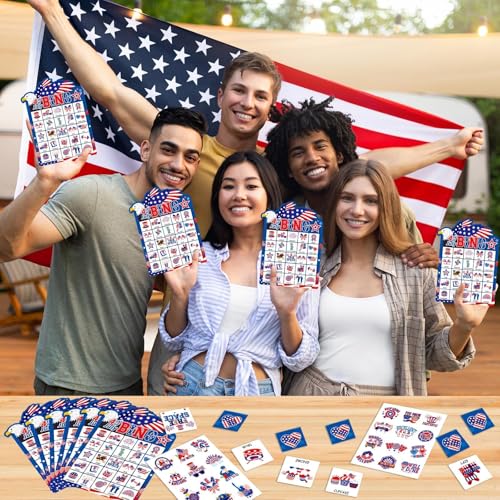 39Pcs 4th of July Bingo Game for Adults Kids 24 Players Eagle Shape Bingo Game Cards with Reward Stickers for Family Friend Student Large Group Activities Independence Day Patriotic Party Favors - style: 4th of July