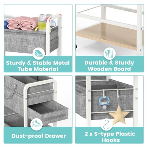 LIDTOP 2In1 Diaper Caddy & 4-Tier Rolling Diaper Cart, Diaper Caddy Organizer Cart with Dividers & Drawer, Mobile Metal Bedside Cart for Baby Nursery Essentials Storage, Large Capacity, White - color: White(with Drawer)