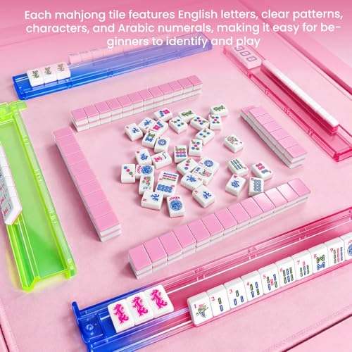 166pcs American Mahjong Tile Set with Pink Back Tiles for Family Night, 1.2-inch Mahjong Game Set with 3 Dice for Gathering, Party, Camping(Tiles Only)