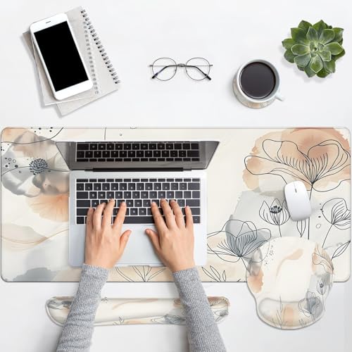 Arttown Keyboard Mouse Pad Set, 4 in 1 Desk Mat Set Botanical Watercolor | Flower Leaf Summer Large Mousepad+Keyboard Wrist Rest+Mouse Wrist Rest+Coaster Ergonomic Design for Home Office Computer - color: Watercolor Botanical