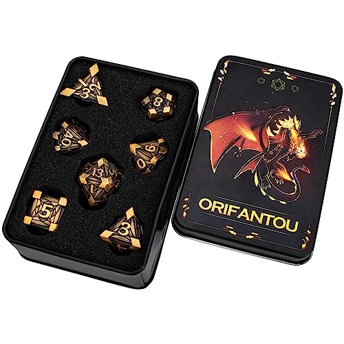 7PCS Metal DND Dice Set with Box, Debris RPG Red D and D Dice for use with D&D Tabletop Games Role Playing Game Polyhedral Dice Set D20 D12 D10 D8 D6 D4 - color: Ancient Gold