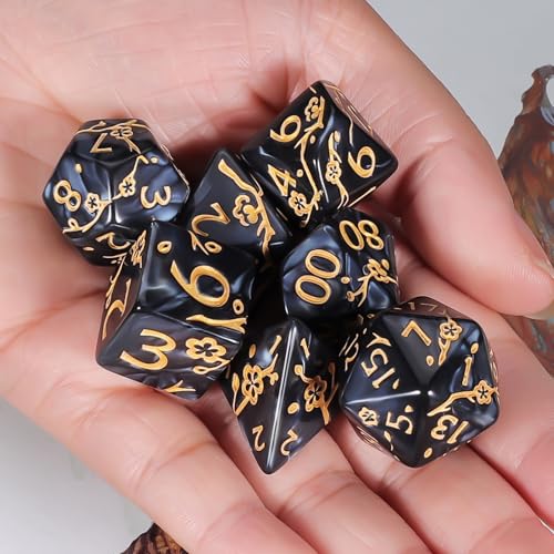 CiaraQ 7pcs Polyhedral Dice Set for Dungeon and Dragons MTG Table Games | Acrylic Role Playing Dice for D&D with Black Velvet Bag β Black Pearl with Gold Numbers & Patterns - color: Black and Gold Floral Dice