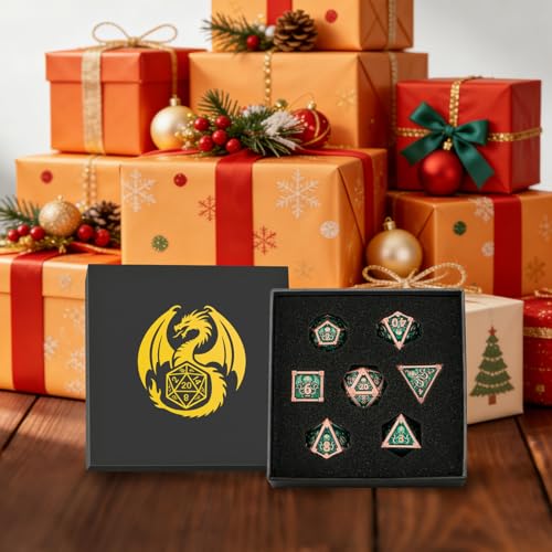 Metal Dice Set, Octopus Pattern, 7pcs Polyhedral Metal DND Dice Set, DND Starter Set, D&D Gifts with Gift Box, Role Playing Board Games Accessories, Red Copper Border Green | DND Polyhedral Dice Set, D&D Gifts, Board Game Accessories, D4, D6, D8, 2 D10 (0