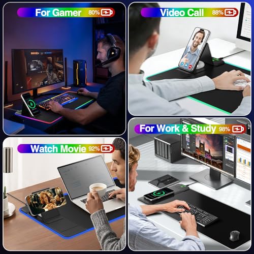 RGB Gaming Mouse Pad with Magnetic Wireless Charging & Foldable Phone Stand | 31.5"x11.8" XL Extended Mousepad with Stitched Edges, Ultra-Smooth Waterproof Surface, 25 Lighting Effects, Non-Slip Base - color: RGB-Magnetic Stand-31.5"x11.8"-Left