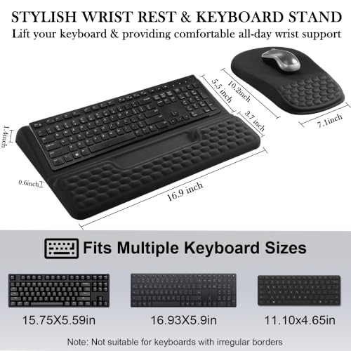 2 in 1 Ergonomic Keyboard Wrist Rest & Mouse Pad Set Adjustable Angle Keyboard Stand Riser Tray with Storage Pen Slot Slow Rebound Memory Foam Wrist Support Pad for Office Home School