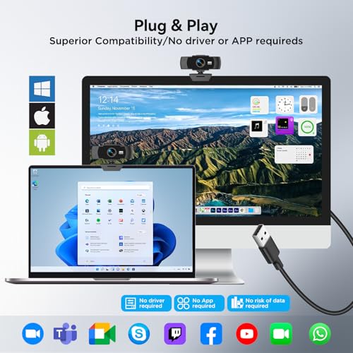 Full HD 1080P Webcam with Dual Microphones & Privacy Cover for PC, Desktop, Laptop, Plug&Play USB Computer Camera with Auto Light Correction for Zoom/Teams/Skype, Conferencing and Live Streaming
