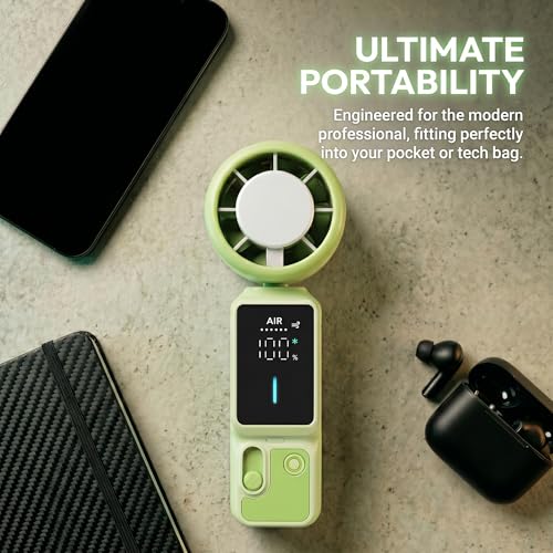 Portable Handheld Fan, 100-Speed Turbo Rechargeable Mini Fan | 3-in-1 Wearable Foldable Fan with Ice Compress Cooling. Ideal for Travel, Outdoor, Office. Compact & Long Battery Life. - color: Green