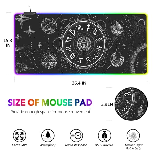 AIMSA RGB LED Gaming Mouse Pad, 14 Modes Glow Pad, Extra Large Gaming Mousepad, 35.4 x 15.8 inch Extended Big Waterproof Keyboard Mouse Pad Mat, Black Cosmic Constellation Magic - color: Black Cosmic Constellation Magic