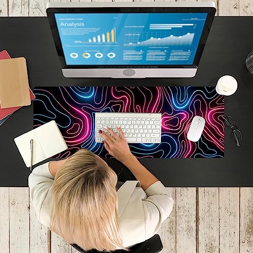 Ovenbird Gaming Mouse Pad with Stitched Edges, Topographic Map Pink Extended XL Mousepad with Anti-Slip Base, Cool Neon Large Mouse Pad for Desk, 31.5 x 11.8 in, Pink and Blue - color: Neon Topo, size: Extended