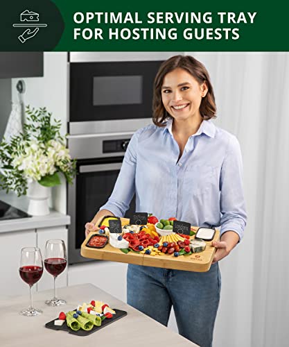 ROYAL CRAFT WOOD Extra Large Bamboo Charcuterie Boards - Large Charcuterie Board Set w/ 3 Sauce Bowls, 4 Knives & Slate Plate - Unique Cheese Board & Serving Tray - Ideal Housewarming Gift - style: 5-8 Guests