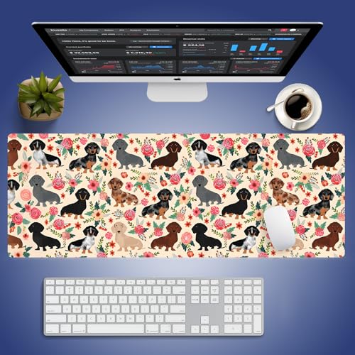 Cute Floral Dachshund Puppies Large Mouse Pad, Wiener Dog Flowers Desk Mat | Funny Doxie Pets Cartoon Art, Seamless Fantasy Design, Pink Rose Animal Print, 31.5" x 11.8", XXL Stitched Keyboard Mat - color: Floral Dachshund