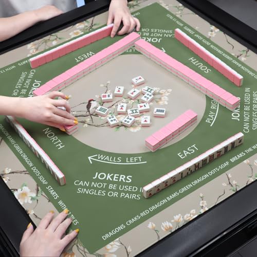 DEVPNR Mahjong Mat for Table with Black Carrying Bag, 32.6"x32.6", Green | Non-Slip Table Cover, Noise-Reducing, with Rules, Easy Storage, for American Mahjong, Poker, Card & Board Games - color: Green