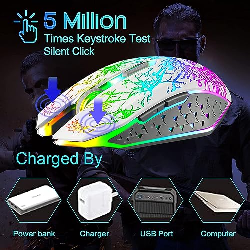 VEGCOO Wireless Gaming Mouse, Rechargeable Gaming Mouse, Silent Optical Mice with 2.4G USB Receiver, 3 Level DPI, 6 Buttons, 7 Colors LED Lights for PC/Mac Gamer, Laptop and Desktop - color: white