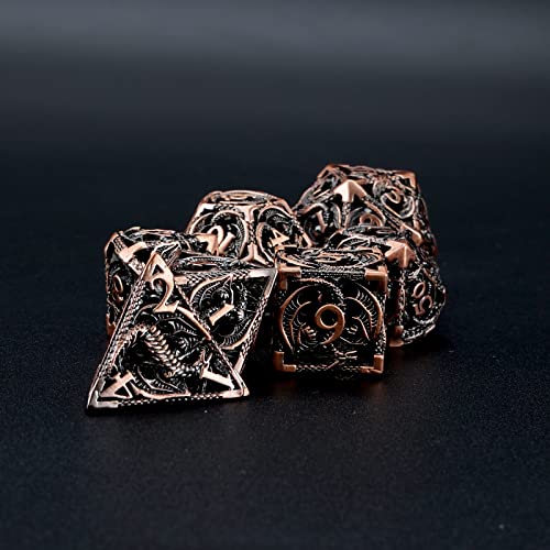 Hollow Metal DND Dice 7Pcs Set for Dungeons and Dragons RPG MTG | D&D Pathfinder Shadowrun and Math Teaching,Large D4,D6,D8,D10,D12,D20 freaky multi sided Dice Set D and D Dice with Gift Box - color: Red Copper