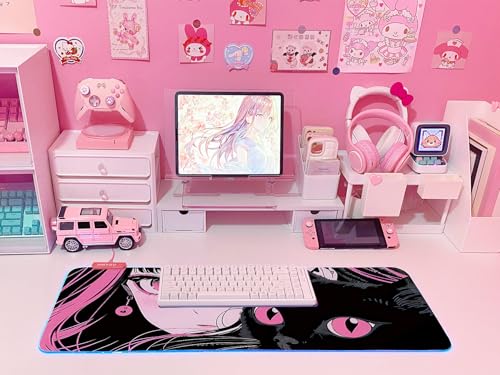 JMIYAV Pink RGB Gaming Mouse Pad 31.5x12 Inch PC XL Large Extended Glowing Led Light Up Desk Pad Non-Slip Rubber Base Computer Cute Mousepad Mat Desk Accessories Gaming Setup Punk Heart - color: Punk Heart