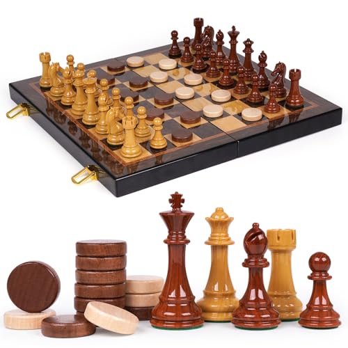 2 in 1 Chess Set and Checkers Board Game, 15 Inch Wooden Folding Chess Board with Acrylic Chess Pieces and Wooden Checkers, Classic Strategy Game Set for Kids and Adults, Travel Chess Set