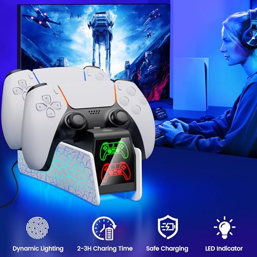 PS5 Controller Charging Station for Playsation 5 Dualsense/Edge, Dual PS5 Charging Station with LED Light, Controller Accessories P5 Charger Dock with Fast Charging Cable