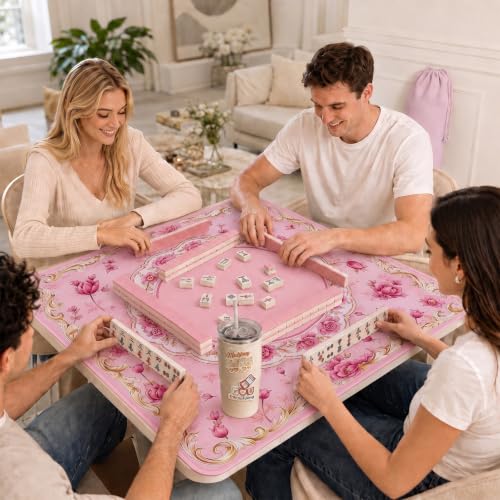 Pink Mahjong Mat for Table & 50PCS Stickers| Carrying Bag, Heavy Floral Mahjong Mats & 2 Dices, Noise Reduction Non Slip Foldable, 31.5x31.5 Game Table Cover, for Playing Card, Board Tile Games - color: Pink