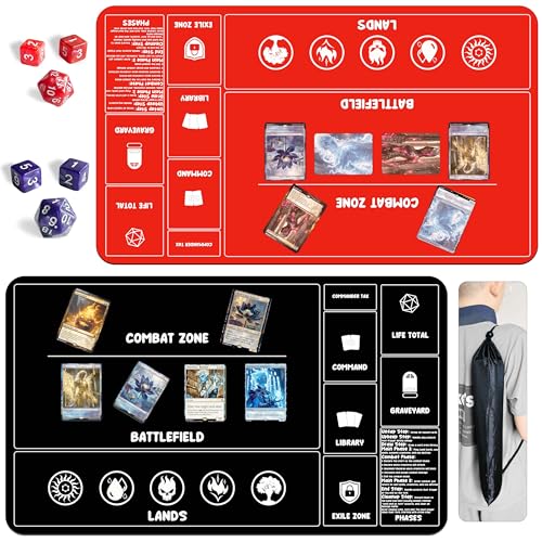 Card Game Playmats MTG Playmat for Beginner 2 Pack with Dices, Magic Mat Commander Deck Card Playmat for TCG MTG Accessories Play Mat 24x14 Inches Duel Card Battles, Black/Red - color: Black+red