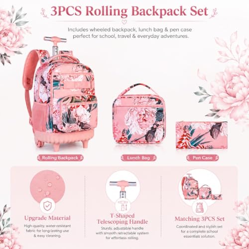 3Pcs Rolling Backpack for Girls Women, Travel Roller Backpacks with Wheels for Adults, Teens College Folwer Wheeled Bookbag with Lunch Box(Pink) - color: Flower Pink