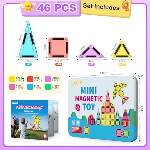 BAIJLE 46PCS Mini Magnetic Tiles, for Kids, Portable Magnetic Toys Travel Set with Iron Case for Kids Ages 4-8,Creativity Boosting Building Toys Set,Toddler Puzzle for Boys and Girls Ages 3+ - style: 46PCS Mini Magnetic Tiles