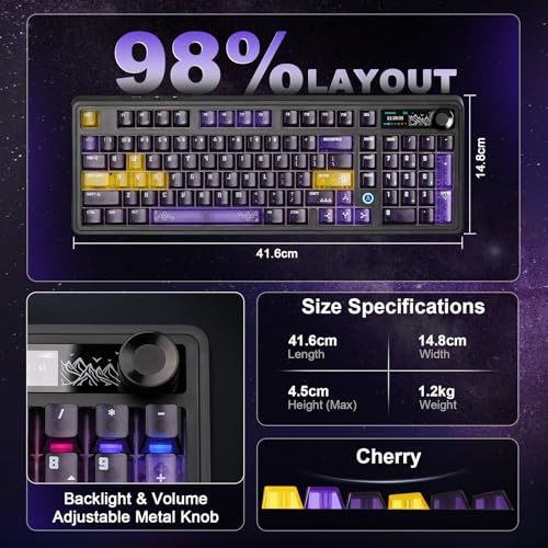 AJAZZ AK980 V2 Pro Mechanical Keyboard, 10000mAh Battery & Dual 8K Tri-Mode Gaming Keyboard with LCD Screen & Metal Knob, Hot Swappable Creamy Keyboard,for Win/Mac(Purple,Lychee Switch) - color: Purple