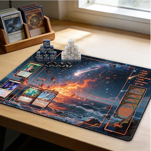 MTG Playmat with Storage Tube & 7-Dice Set - Waterproof TCG Playmat with Stitched Edges, Non-Slip Rubber Card Game Mat (24"x14") (playmat with Zones, Glowing River Landscape) - color: Glowing River Landscape, style: playmat with zones